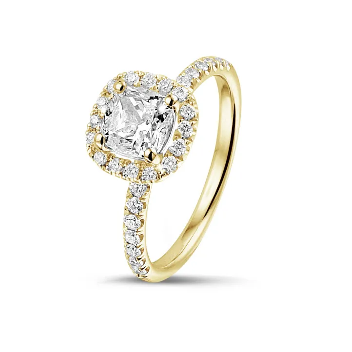 1.50 quilateshalo anillo solitario diamante cojín en oro amarillo con diamantes redondos 