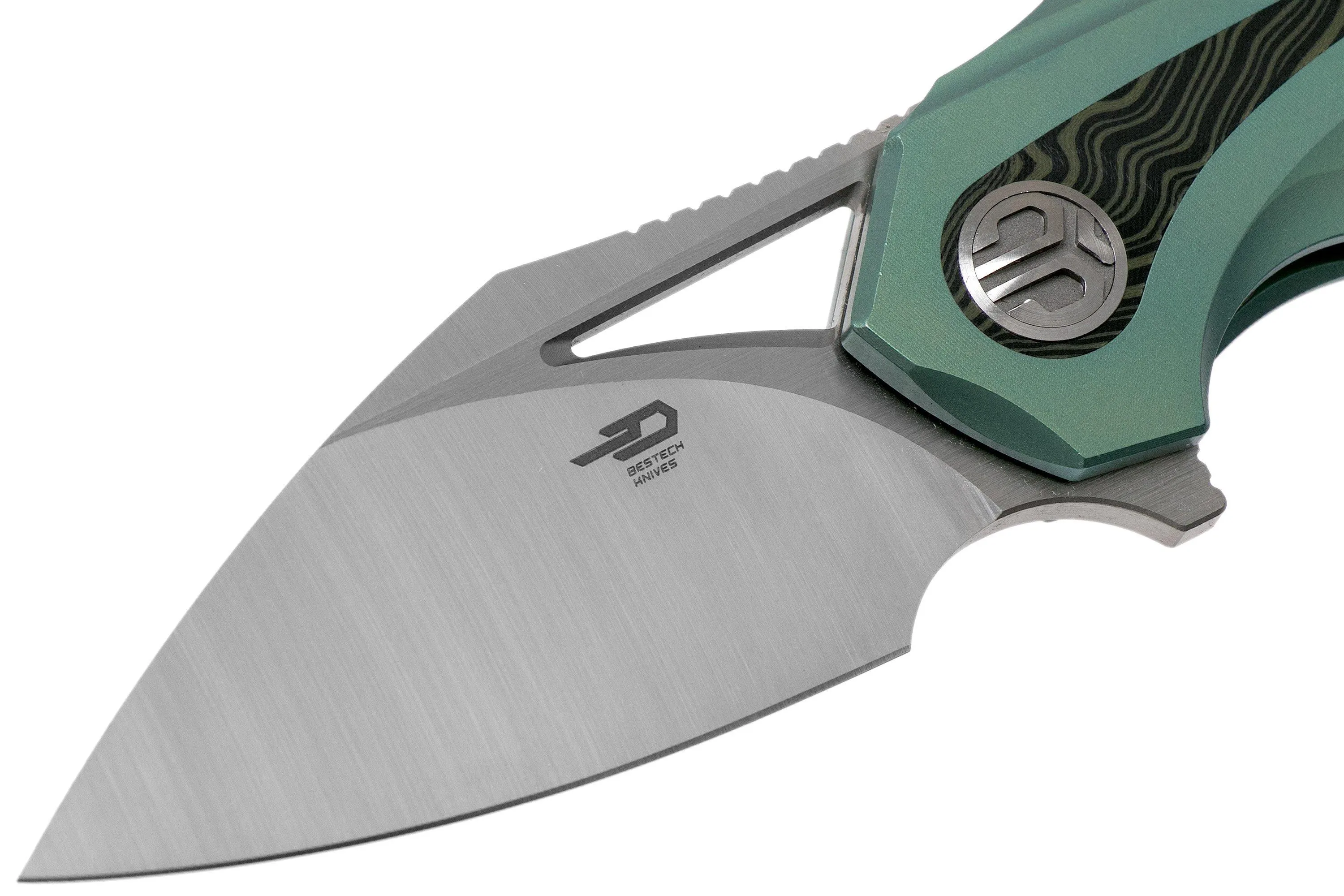 Bestech Nuke BT2107D Green Titanium, Black Green G10, Satin navaja, diseño Kombou