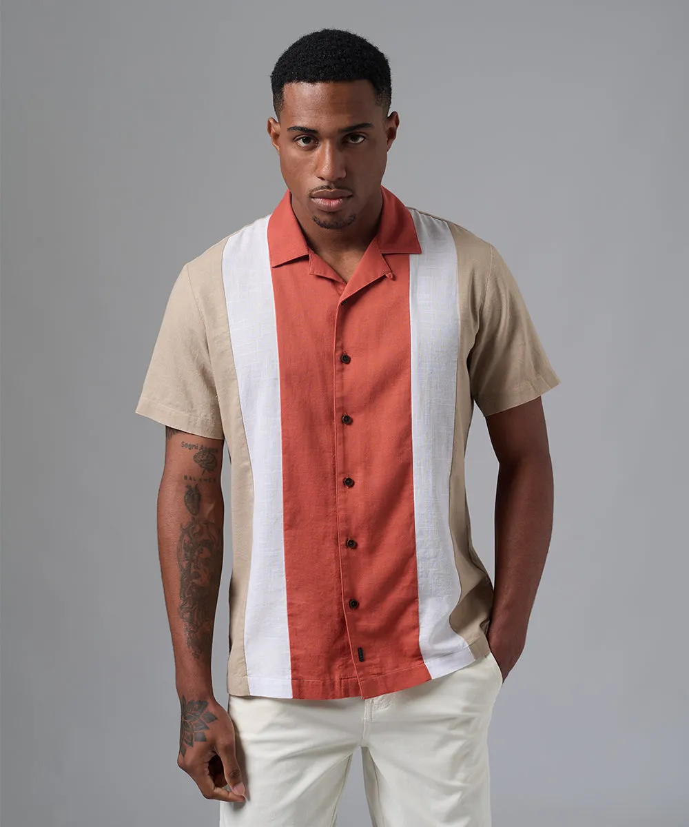 CAMISA MANGA CORTA CASUAL LOOK LINO CUELLO RESORT CORTES CLASSIC FIT BEIGE PV25