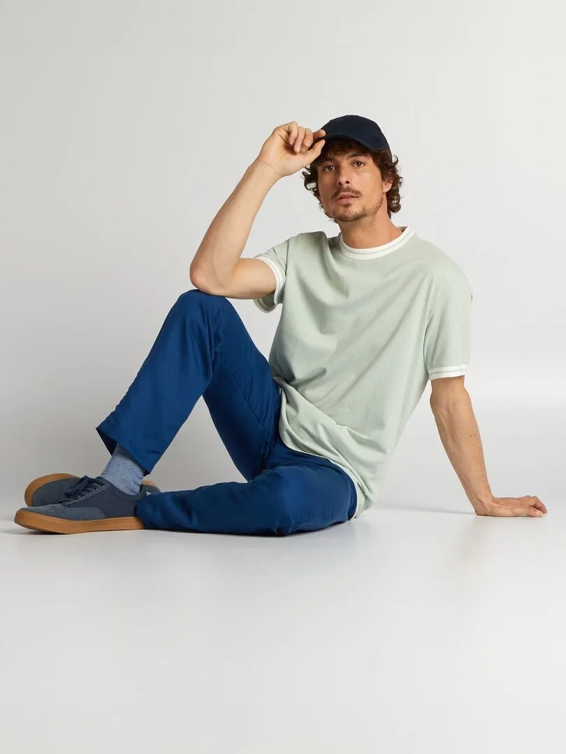 CAMISETA CON TEXTURA Y RIBETES EN CONTRASTE  AZUL