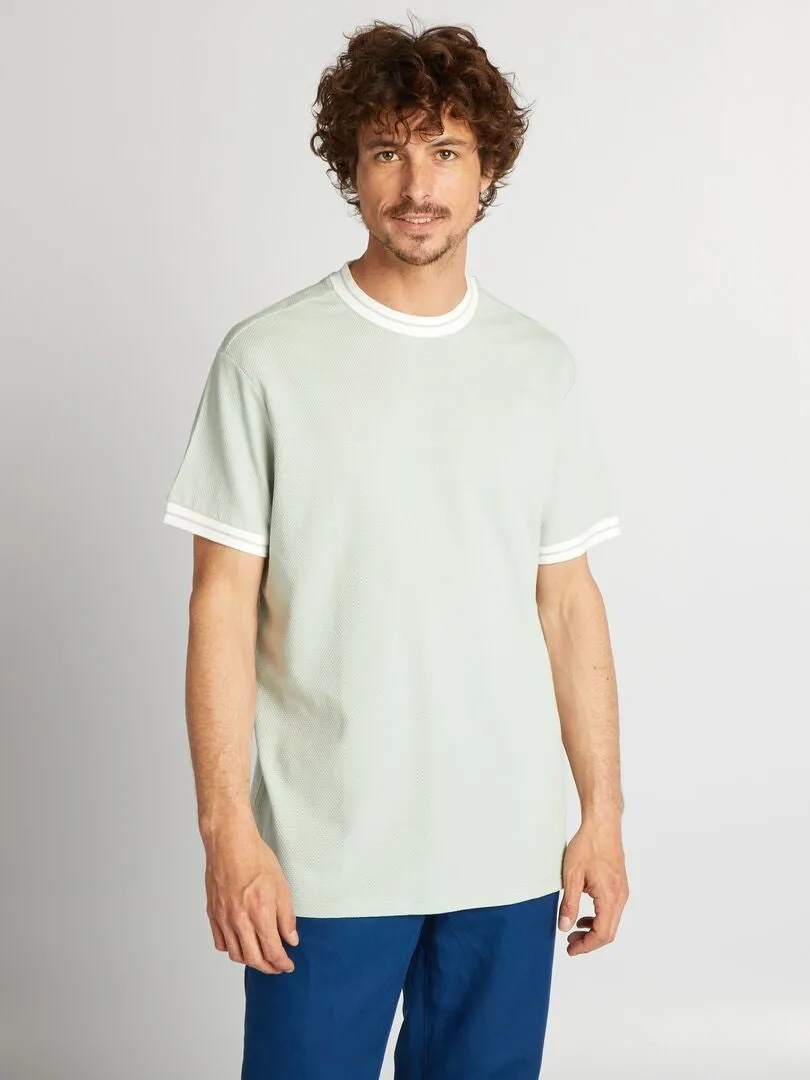 CAMISETA CON TEXTURA Y RIBETES EN CONTRASTE  AZUL