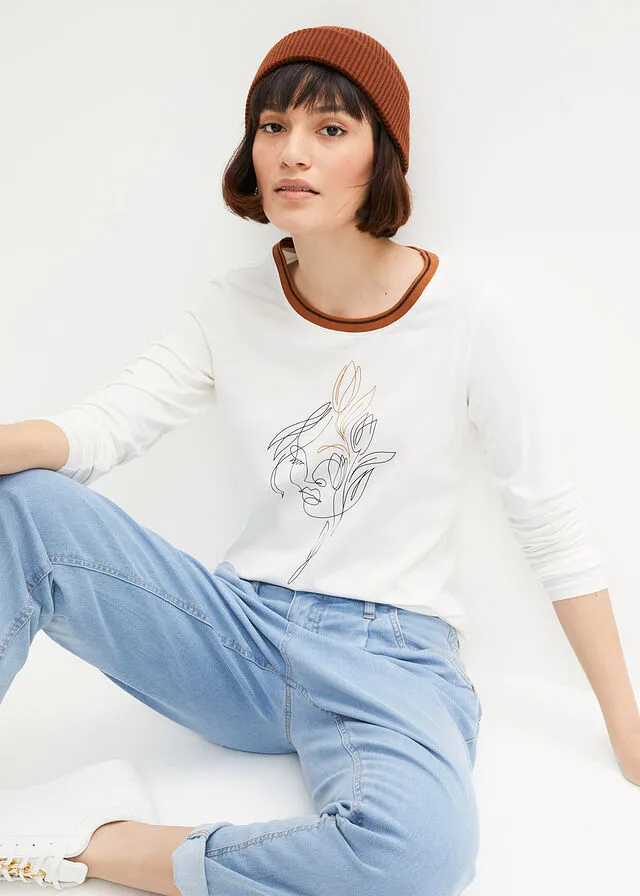 CAMISETA DE MANGA LARGA BLANCO LANANEGROMARRóN CANELA