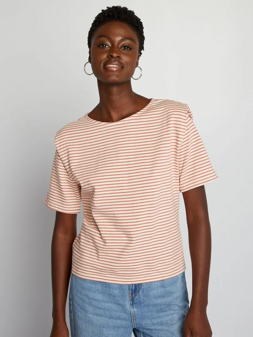 CAMISETA DE RAYAS CON HOMBRERAS  BEIGE