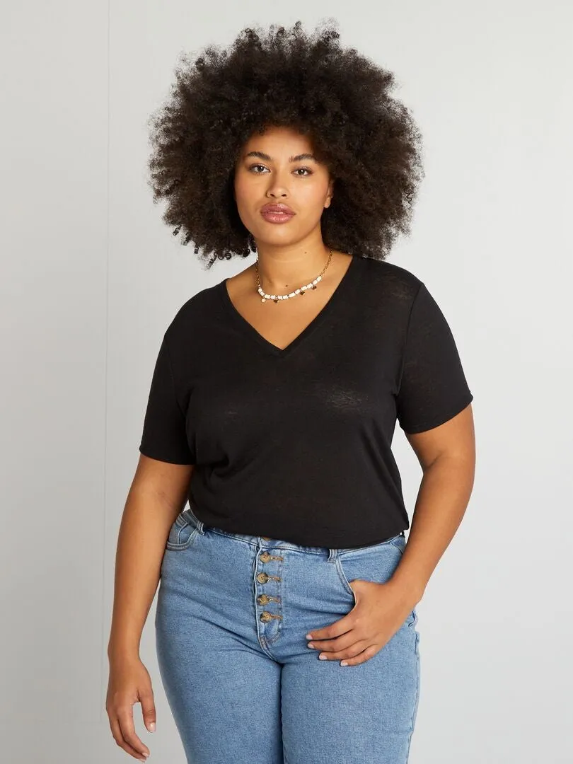 CAMISETA LISA DE MEZCLA DE LINO  NEGRO