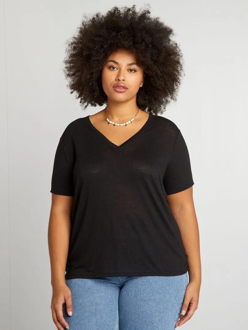 CAMISETA LISA DE MEZCLA DE LINO  NEGRO