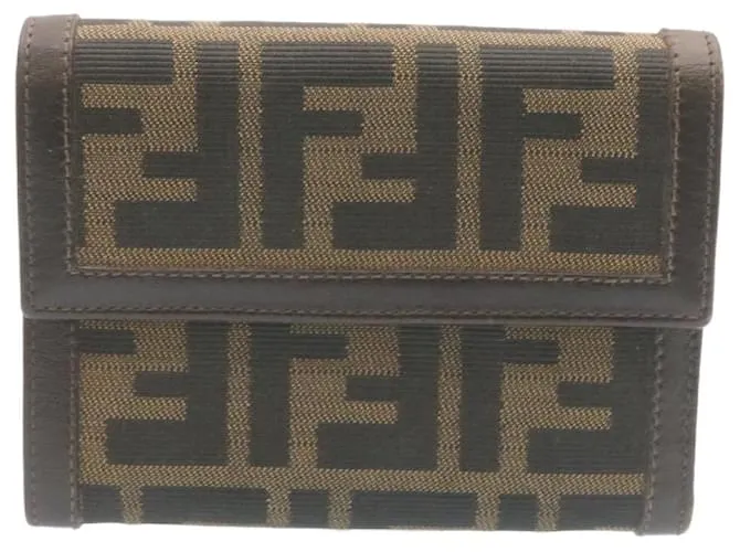 Cartera FENDI Zucca Canvas Marrón Negro Auth 28018 Castaño 