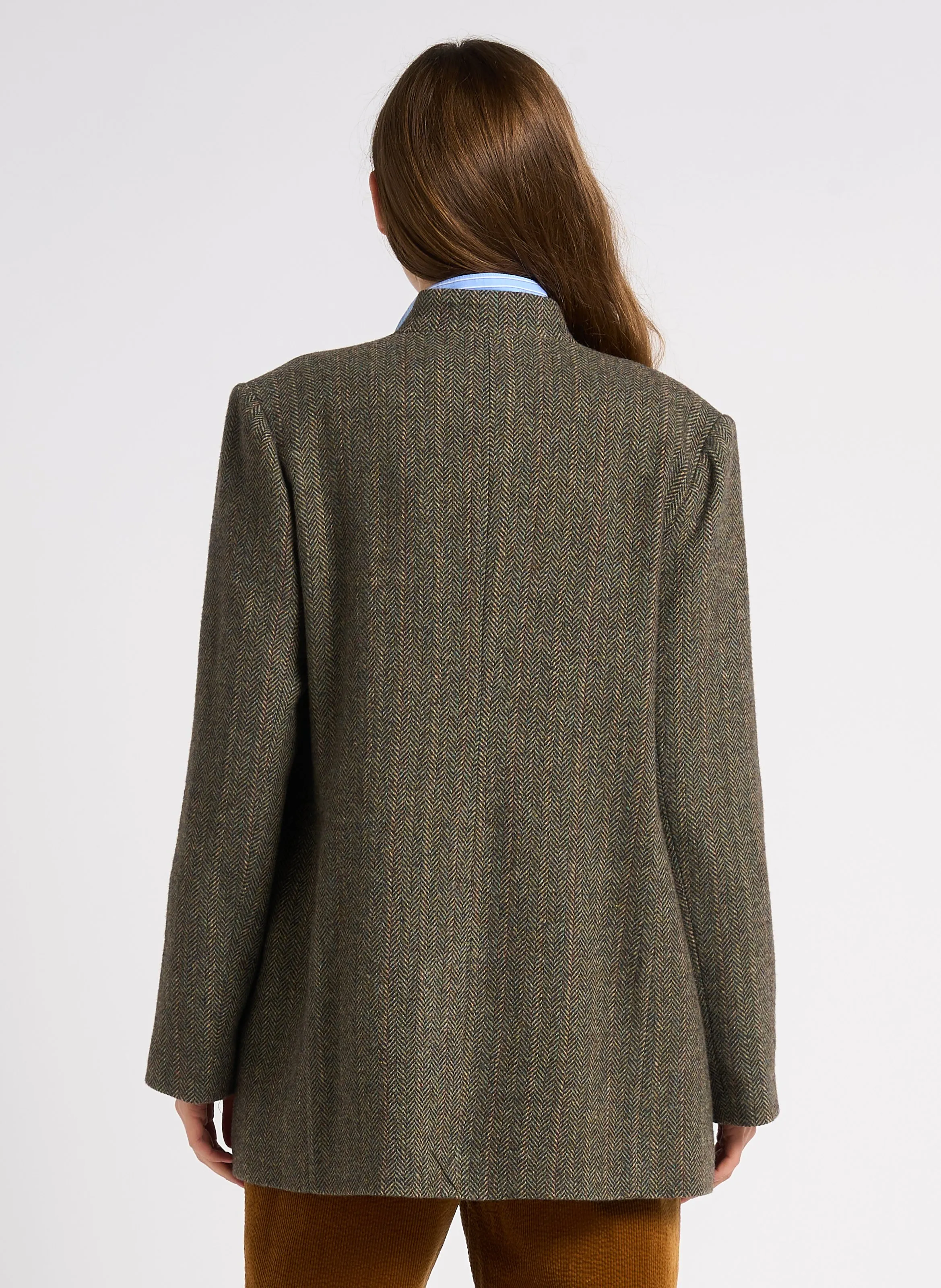 Chaqueta recta de cuello en V de lana mezclada en verde