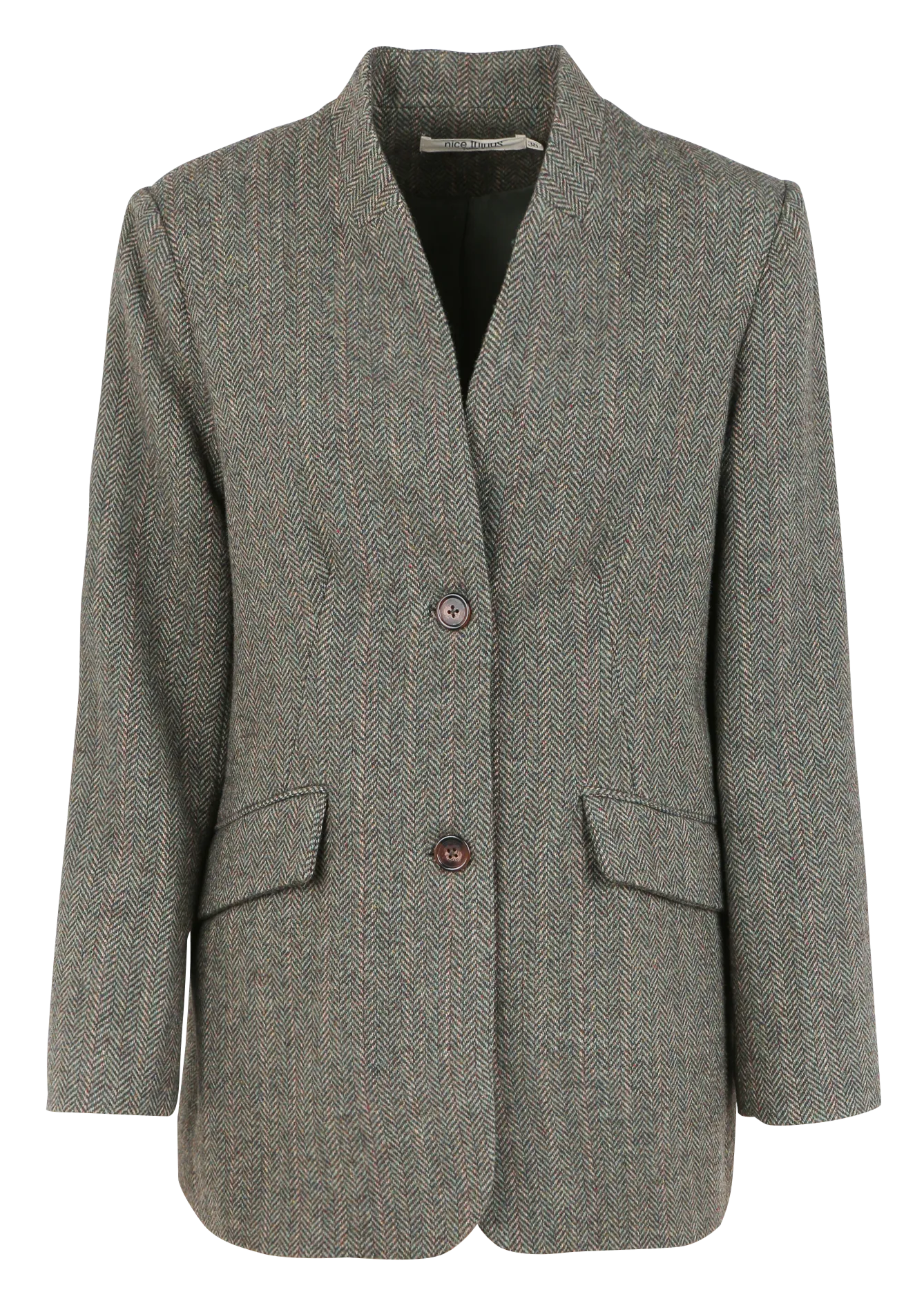 Chaqueta recta de cuello en V de lana mezclada en verde