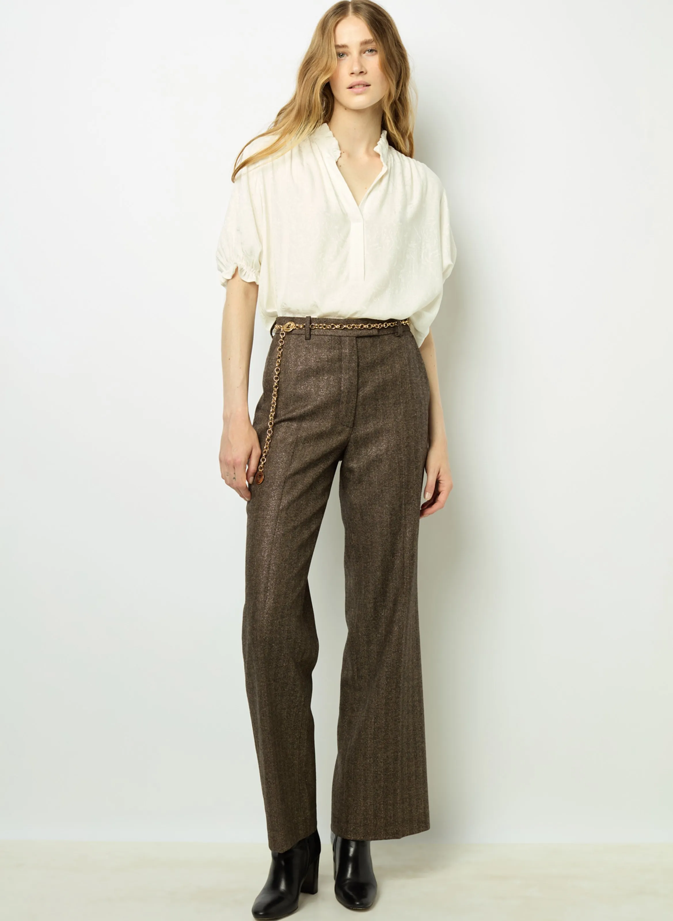 DALI  PANTALóN RECTO CON ESTAMPADO DE ESPIGA EN MARRON