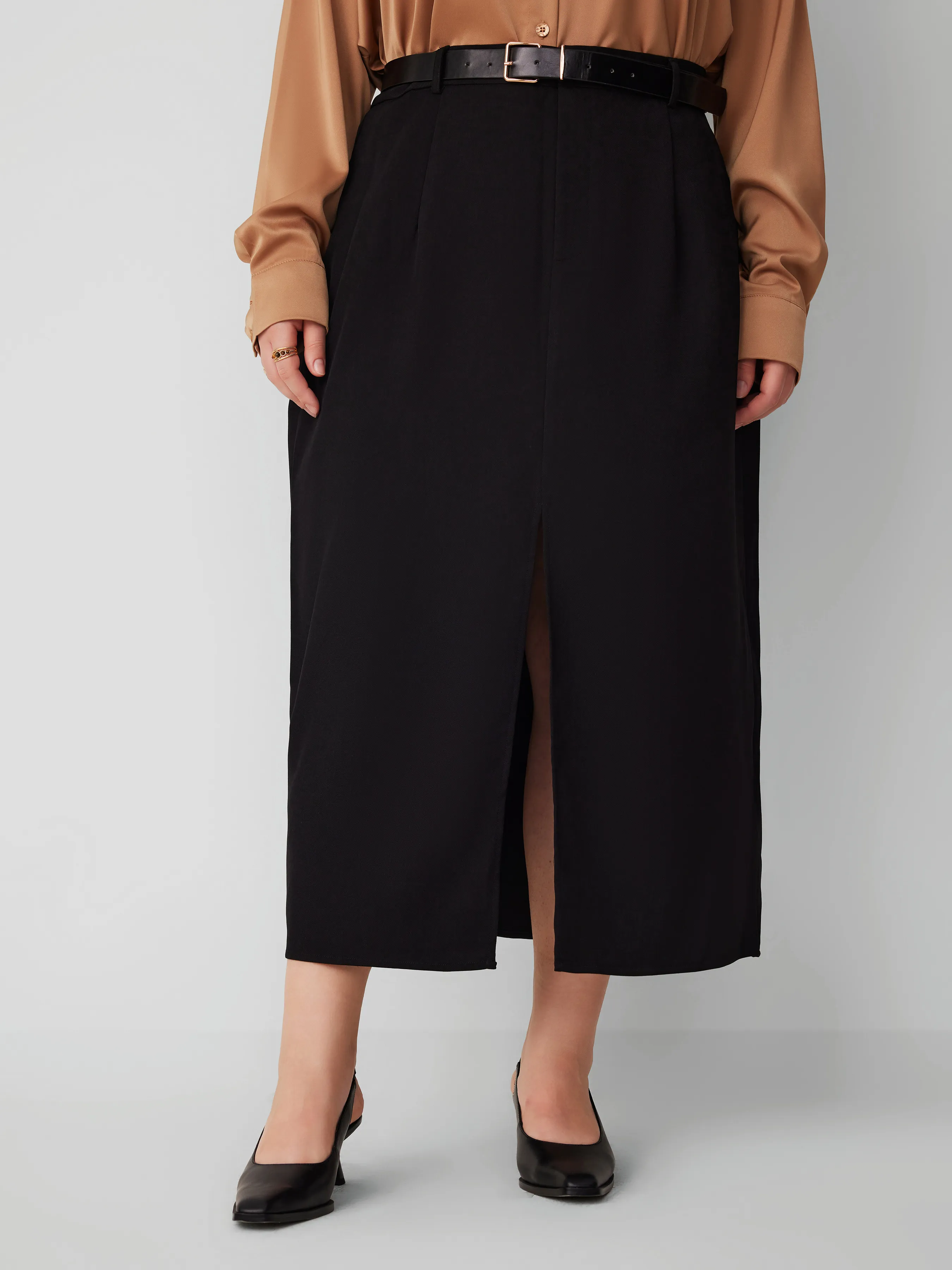  Falda Maxi Sólida de Cintura Media con Abertura Curvy