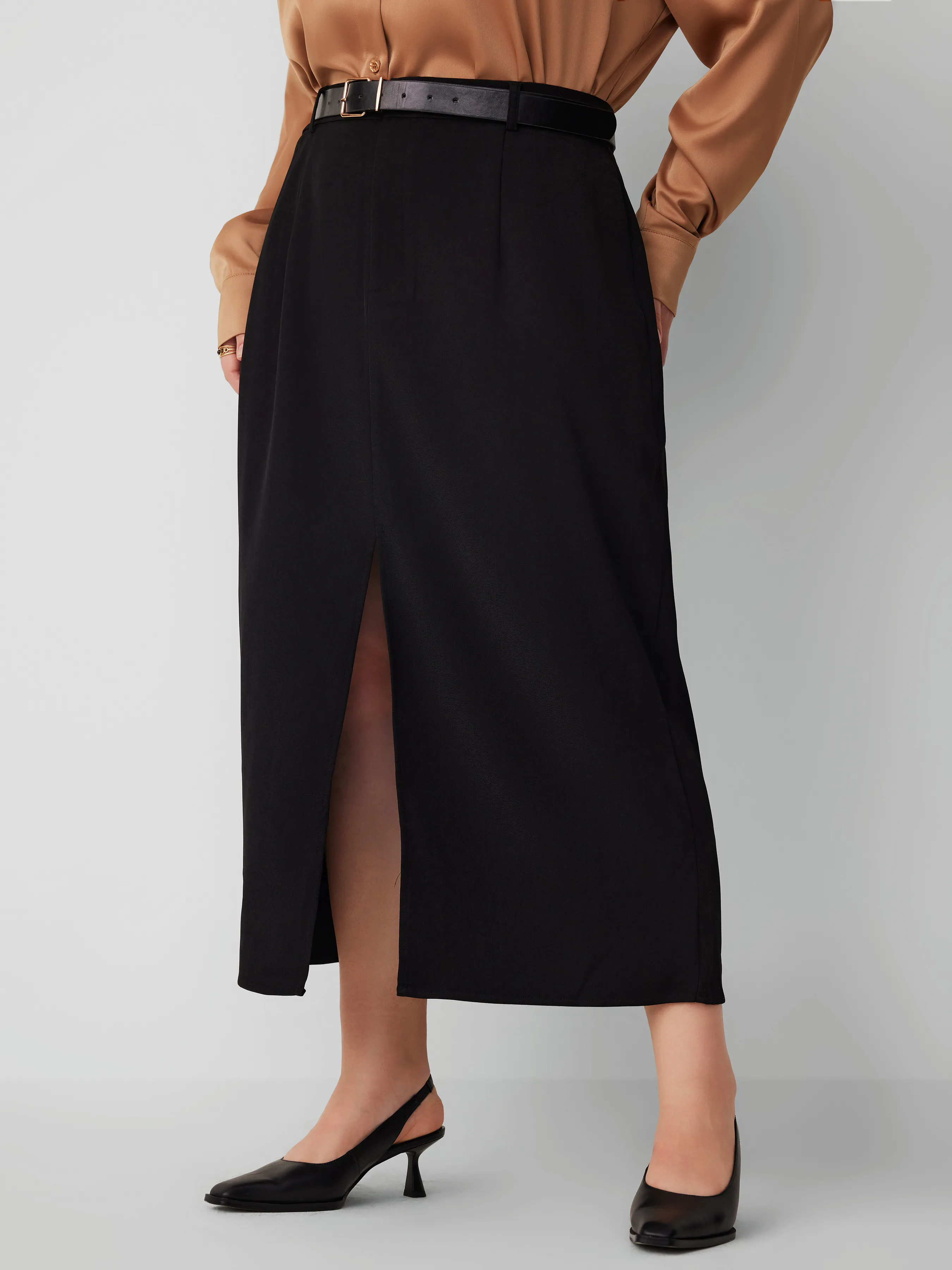  Falda Maxi Sólida de Cintura Media con Abertura Curvy