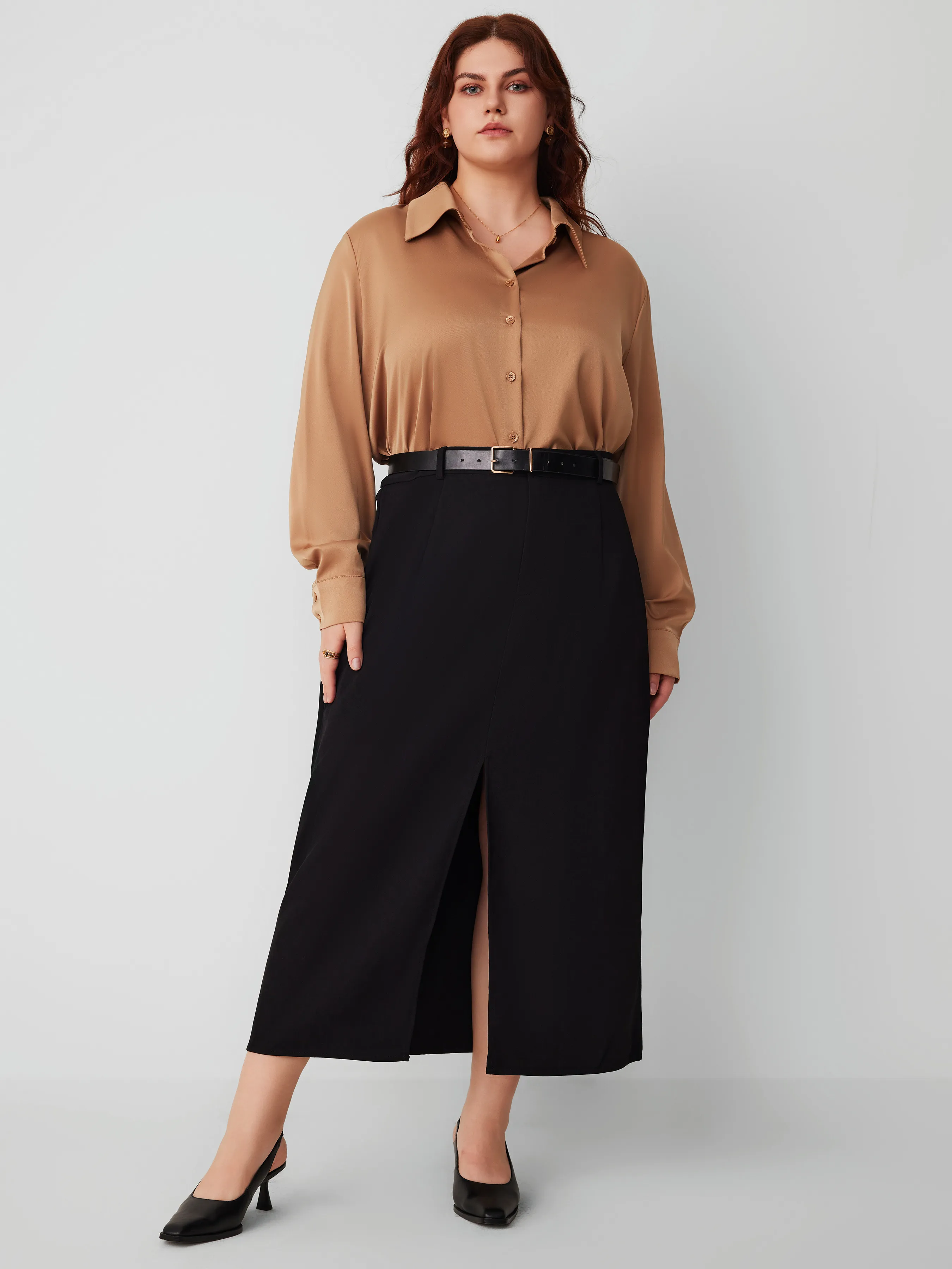  Falda Maxi Sólida de Cintura Media con Abertura Curvy
