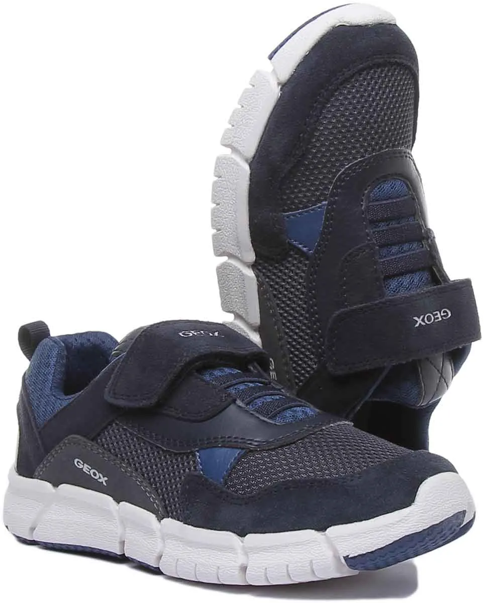 Geox J Flexyper Zapatillas de deporte ligeras con cordón y correa elástica para niños en marino