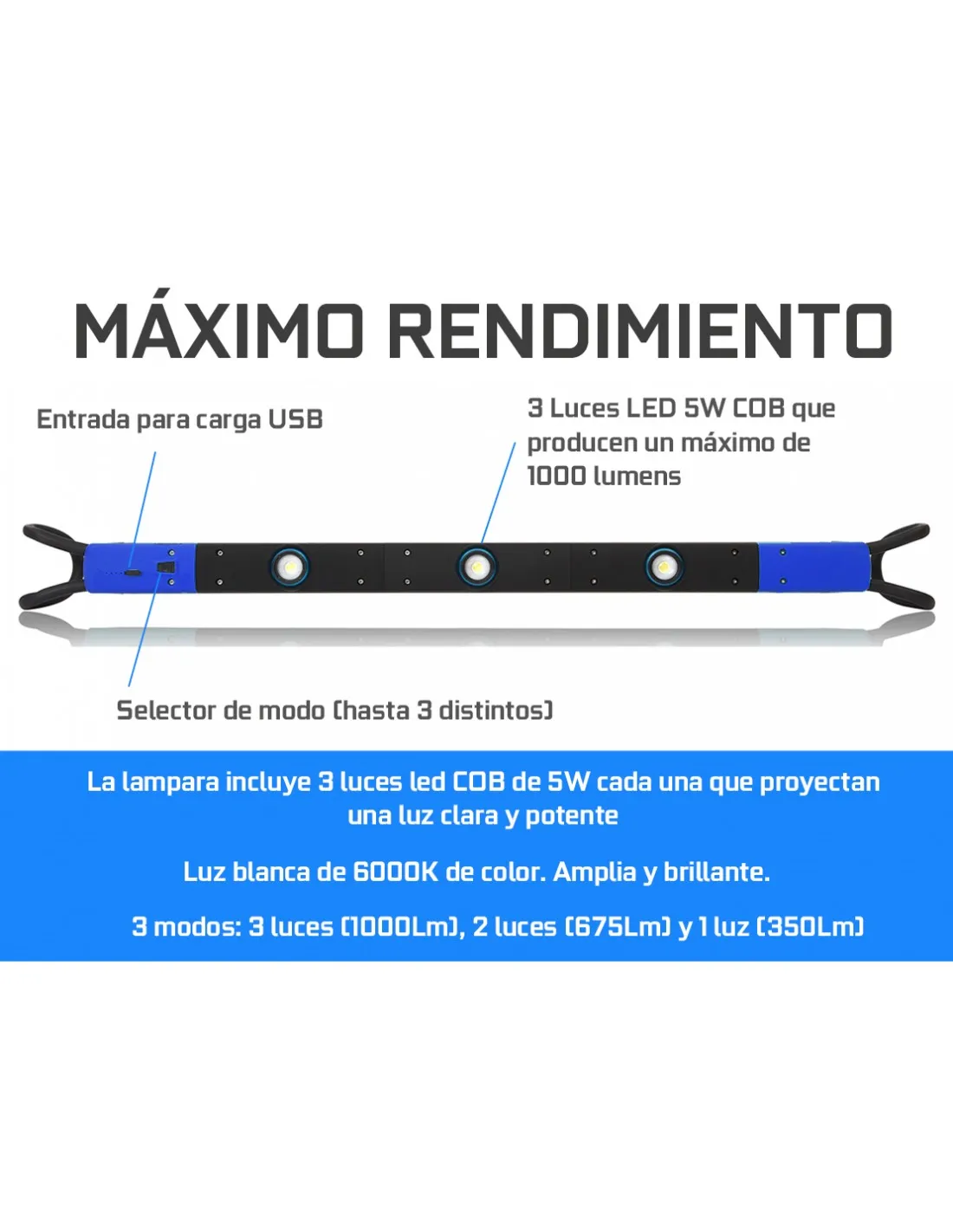 Lampara de capo para coche luz LED COB 15W con bateria recargable usb 10400mah, 1000 lumens