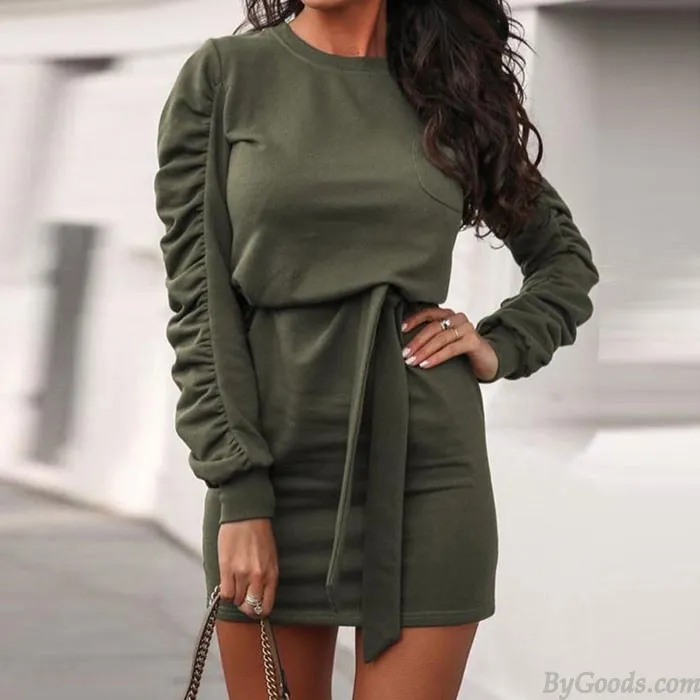 Leisure Pure Color Straps Folds Long Sleeve Autumn Winter Short Dress