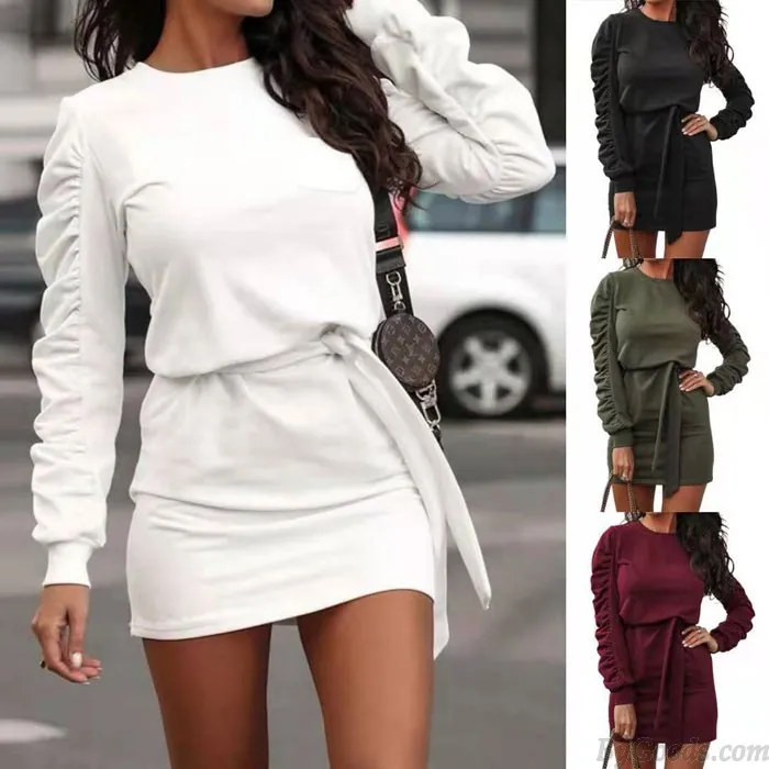 Leisure Pure Color Straps Folds Long Sleeve Autumn Winter Short Dress