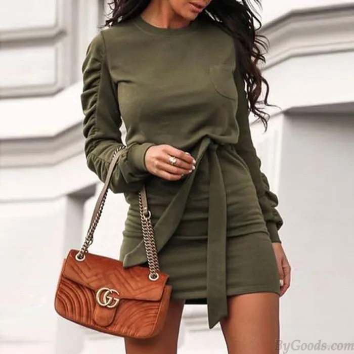 Leisure Pure Color Straps Folds Long Sleeve Autumn Winter Short Dress
