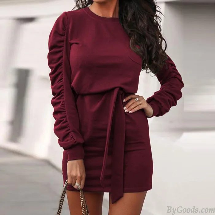 Leisure Pure Color Straps Folds Long Sleeve Autumn Winter Short Dress