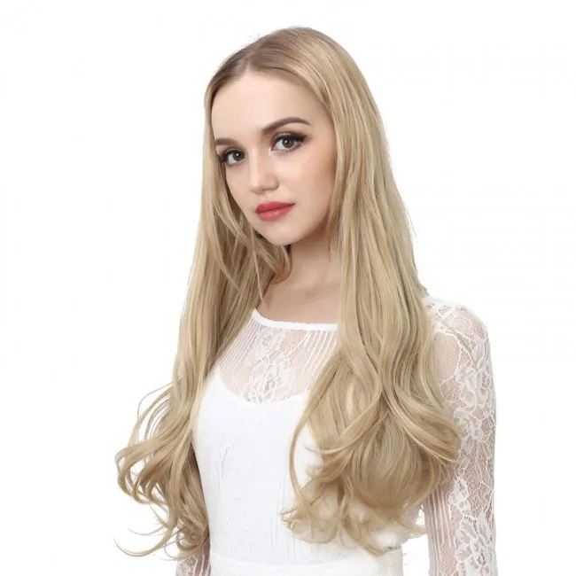 Long Blonde Middle Part Curly Wavy Daily Party Use Synthetic Heat Resistant Natural Women's Hair Wigs 