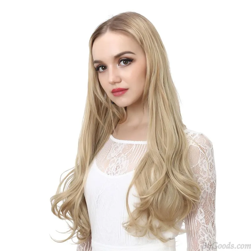 Long Blonde Middle Part Curly Wavy Daily Party Use Synthetic Heat Resistant Natural Women's Hair Wigs 