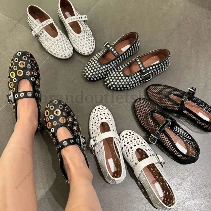 Luxury Designer Dress Zapatos de malla Mesh Ballet Flats Comfort Real Cuero redondo Mary Jane Mujeres Molectas zapatos planos de