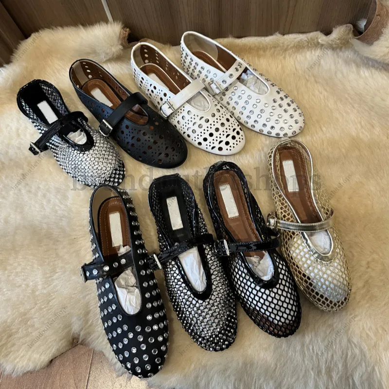 Luxury Designer Dress Zapatos de malla Mesh Ballet Flats Comfort Real Cuero redondo Mary Jane Mujeres Molectas zapatos planos de