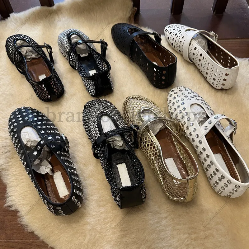 Luxury Designer Dress Zapatos de malla Mesh Ballet Flats Comfort Real Cuero redondo Mary Jane Mujeres Molectas zapatos planos de