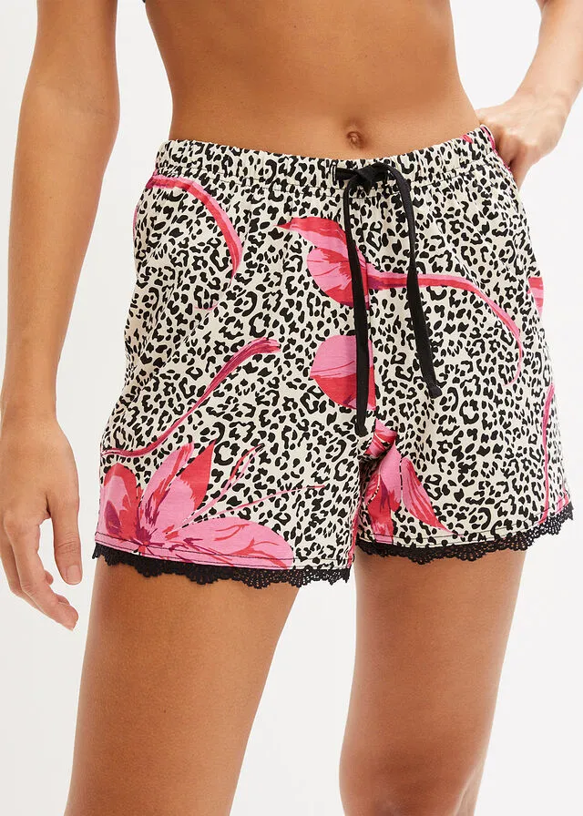 PANTALóN CORTO DE PIJAMA NEGROROSA HIBISCO ESTAMPADO