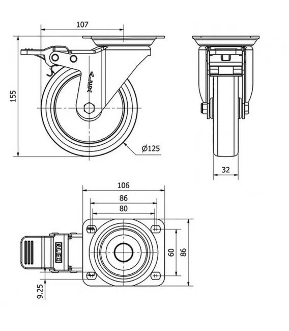 RUEDA GIRATORIA 22369 10ZVFD125POL125 125MM FRENO ALEX