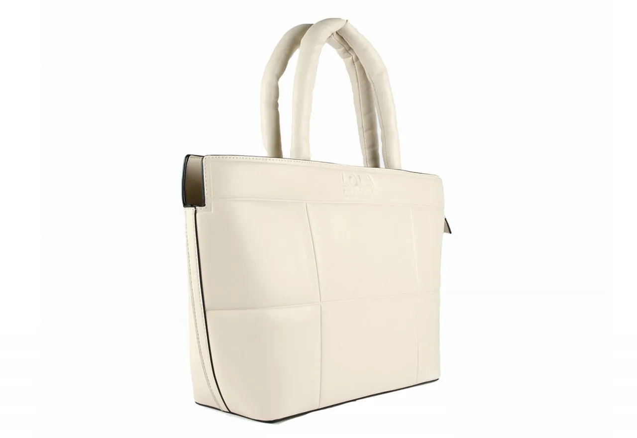 Shopper Acolchado Beige Cuadros Logo Grabado