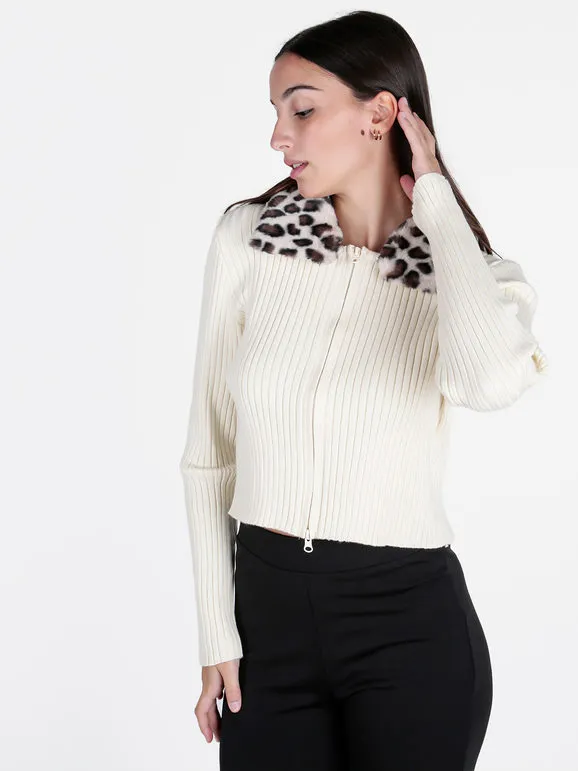 Solada Cárdigan de mujer de punto con cremallera y escote con estampado animal en pelo sintético
