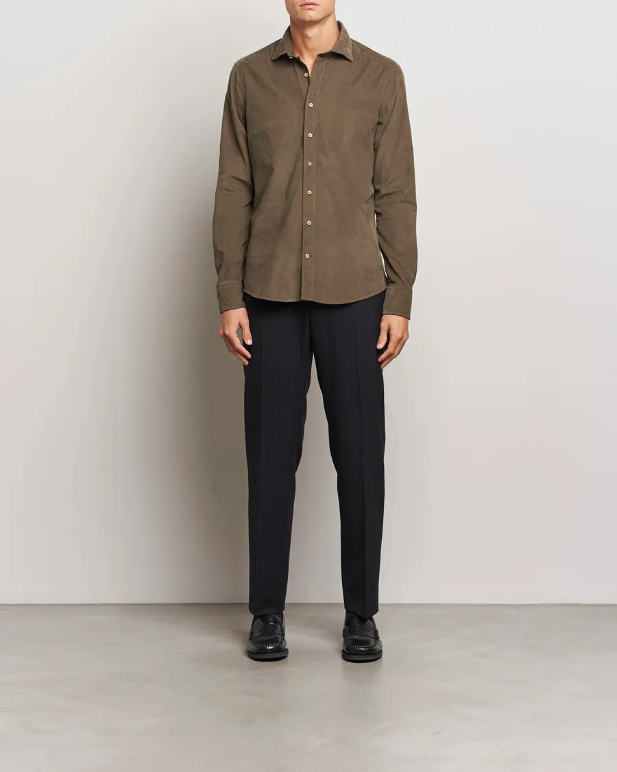 Stenströms Slimline Cut Away Cord Shirt Dark Green