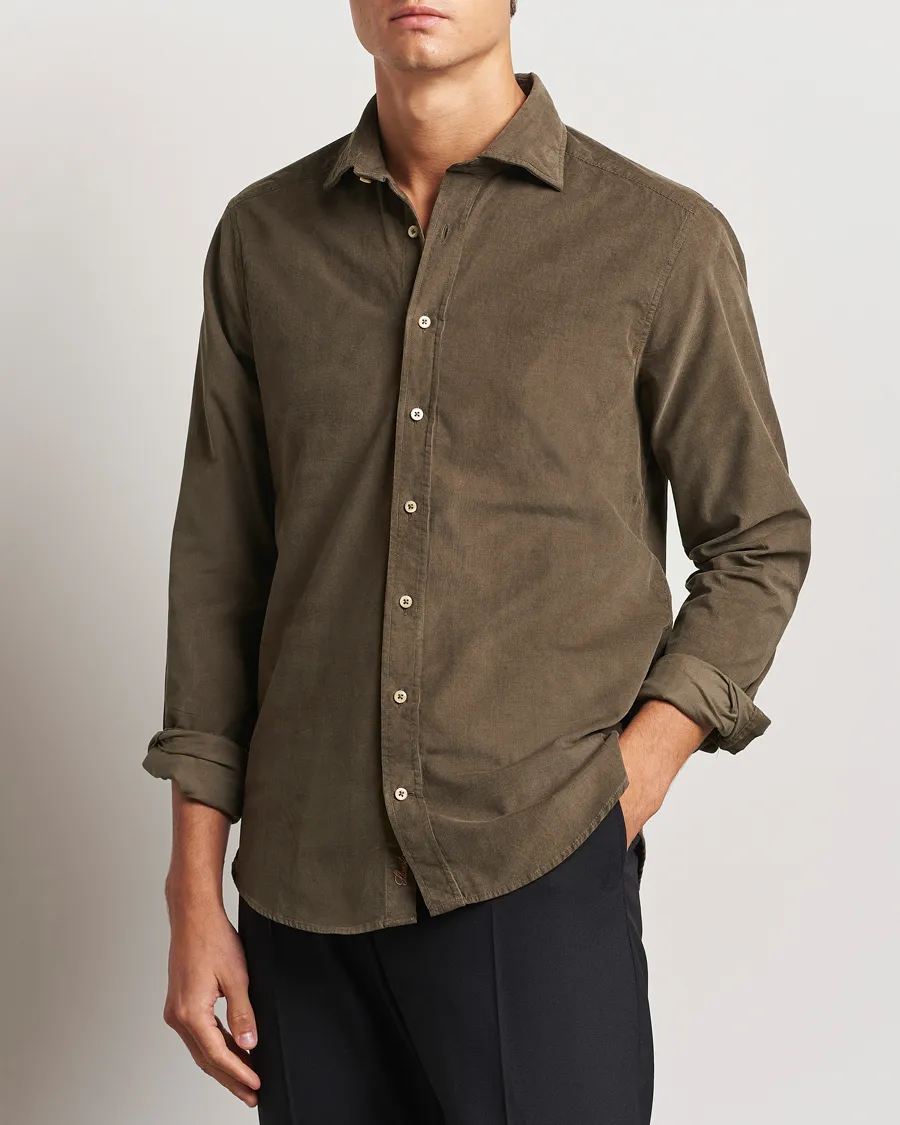Stenströms Slimline Cut Away Cord Shirt Dark Green