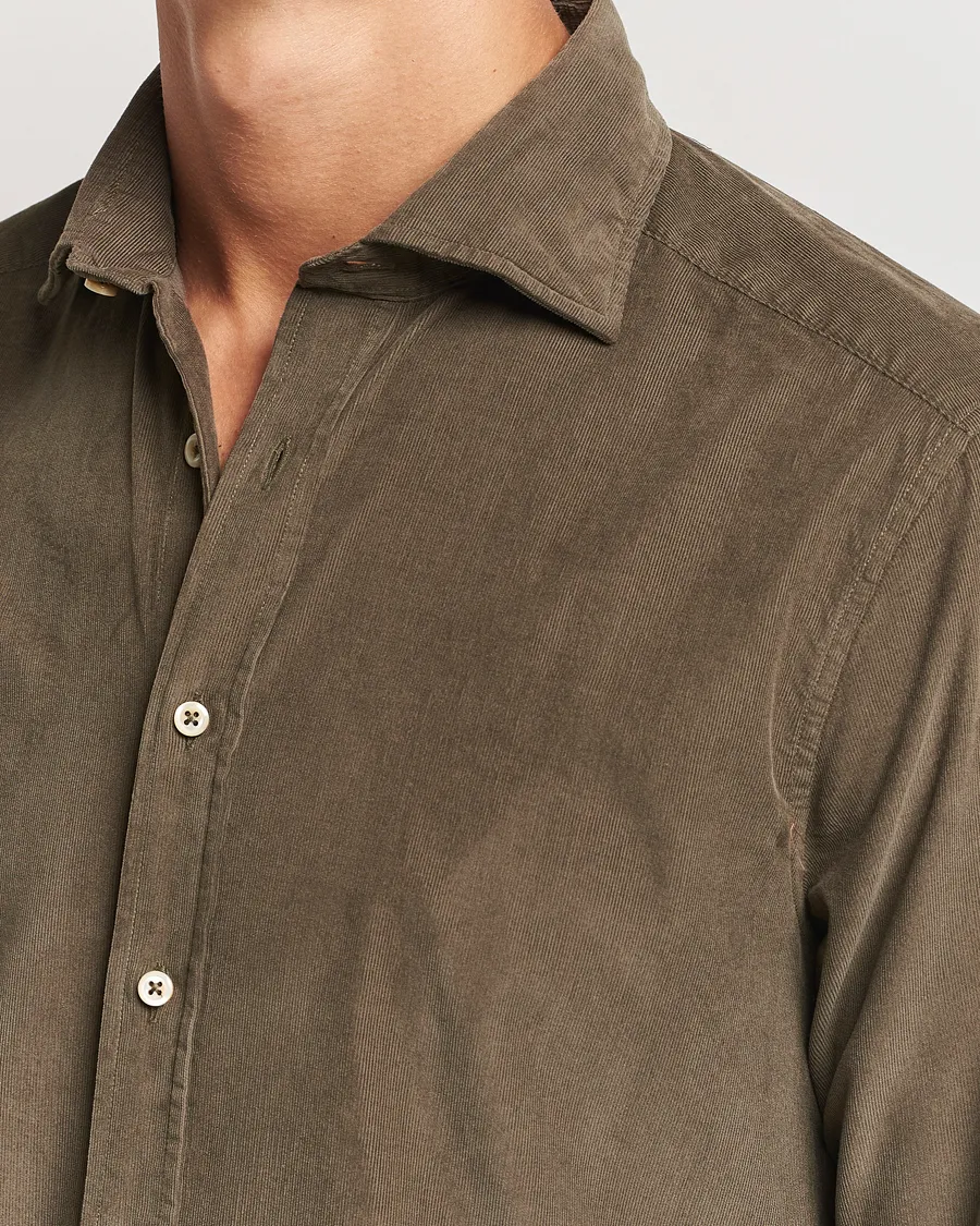 Stenströms Slimline Cut Away Cord Shirt Dark Green