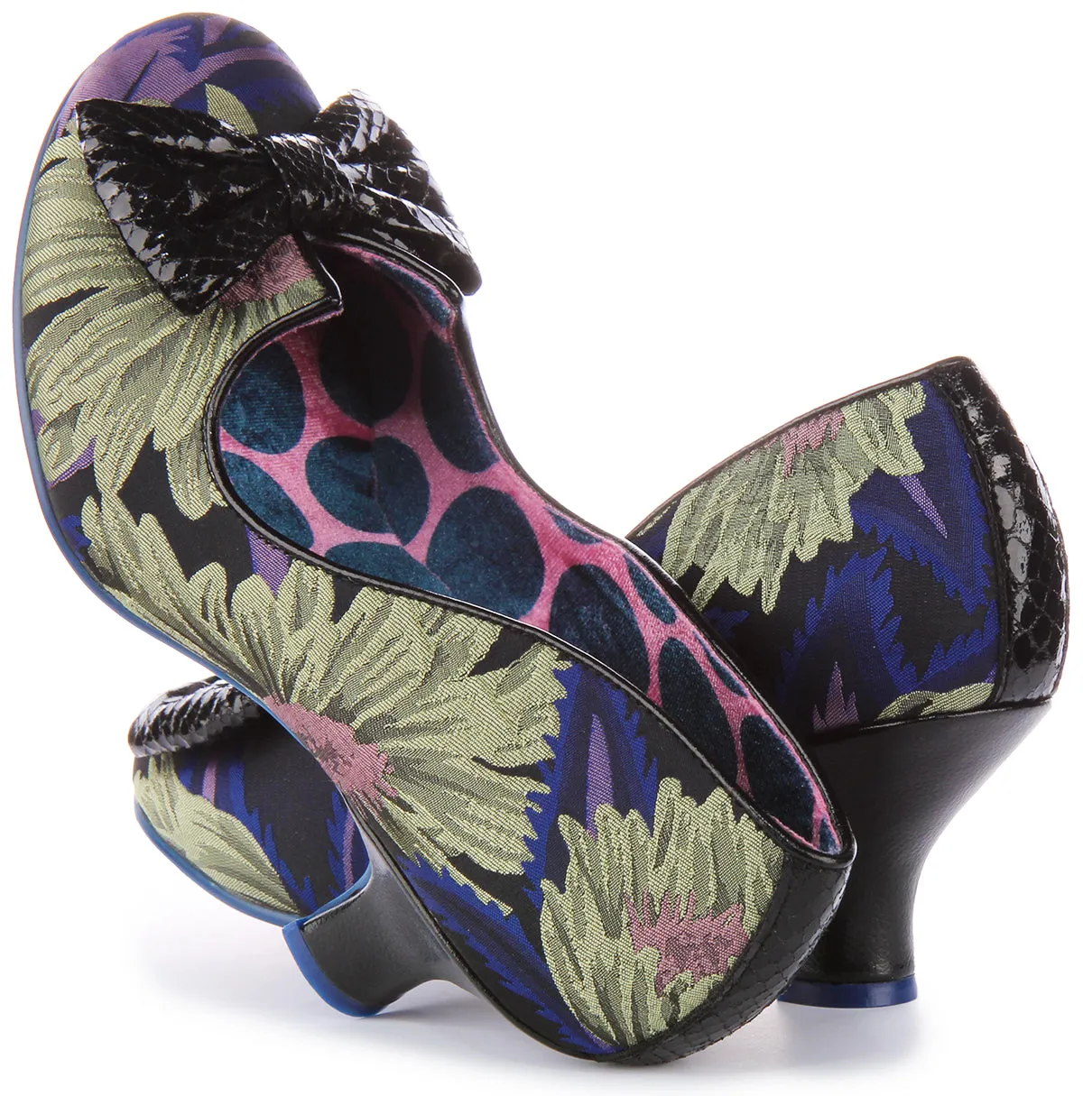 Tacones altos Irregular Choice Dazzle Razzle en negro con estampado floral
