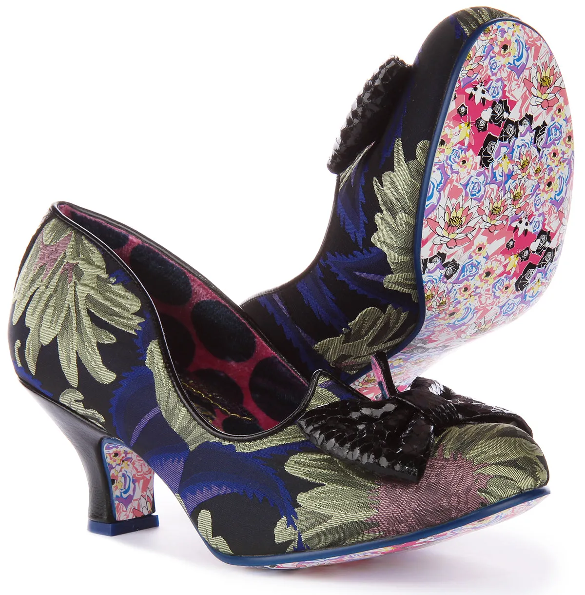 Tacones altos Irregular Choice Dazzle Razzle en negro con estampado floral