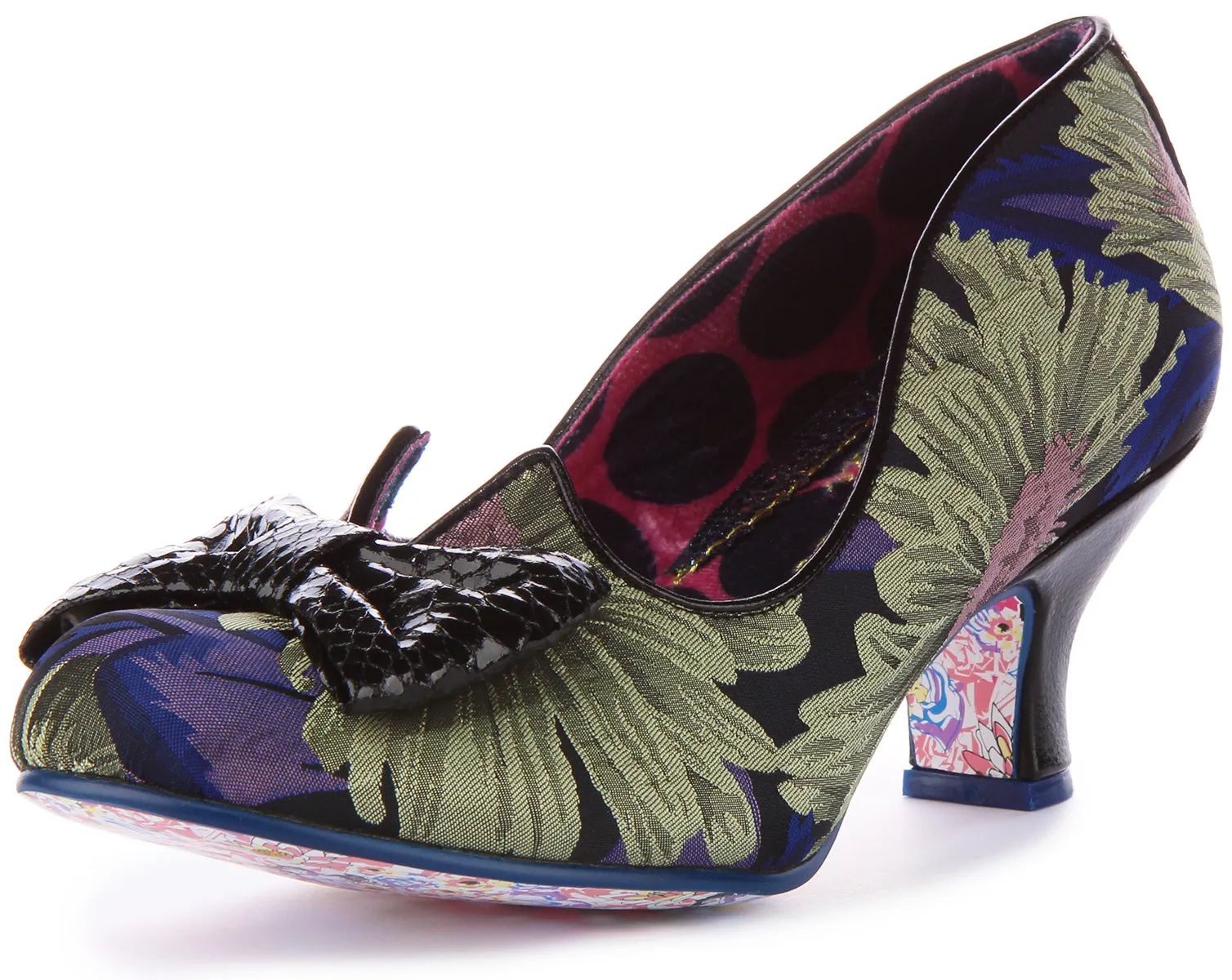 Tacones altos Irregular Choice Dazzle Razzle en negro con estampado floral