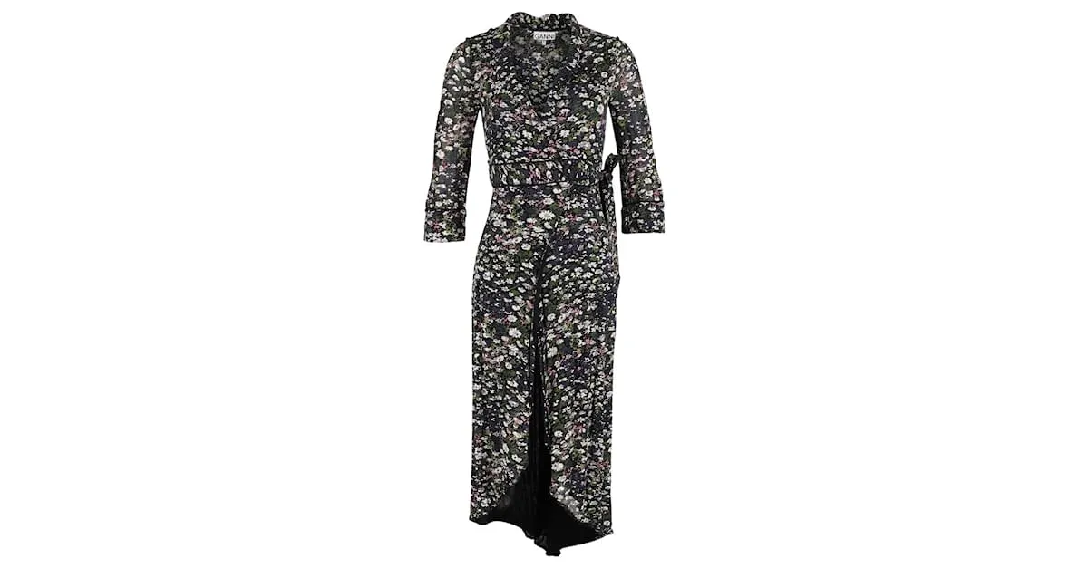 Vestido cruzado estampado Ganni en viscosa con estampado floral negro Impresión de pitón 