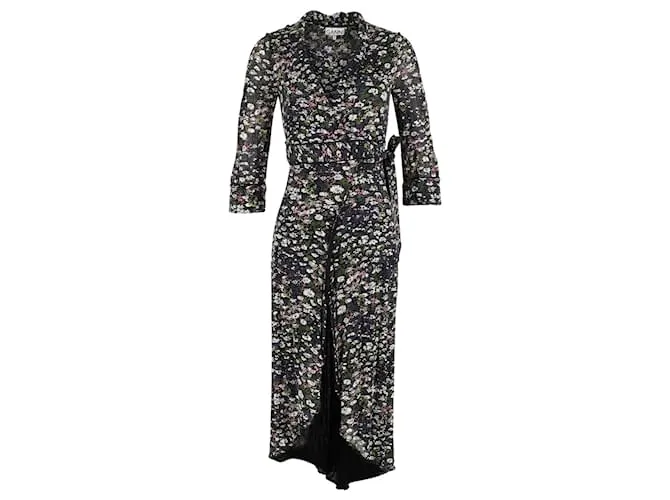 Vestido cruzado estampado Ganni en viscosa con estampado floral negro Impresión de pitón 